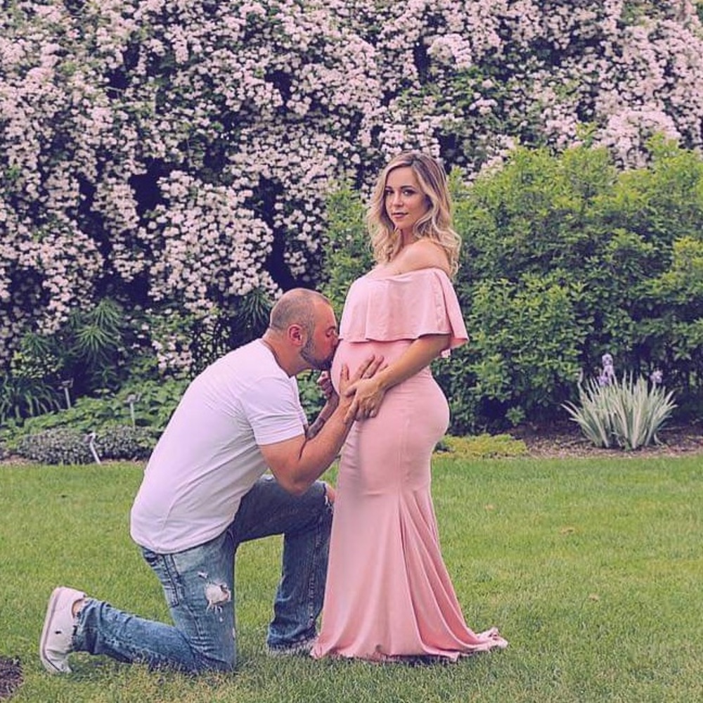 Pink Blush Ruffle Off the Shoulder Maternity Gown